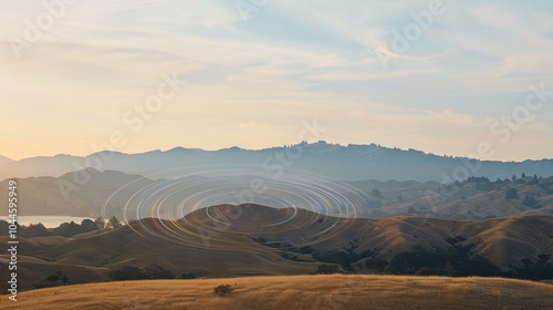 Sound waves radiating across a serene landscape  symbolizing the interconnectedness and harmony of natural and auditory elements.