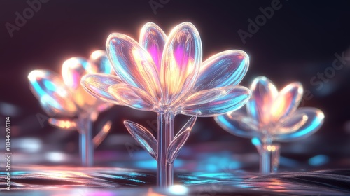Holographic glowing plants on black background