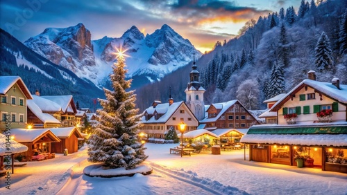Winter scene in Kranjska Gora town with charming Christmas market, snow, festive, holiday, decorations, market stalls