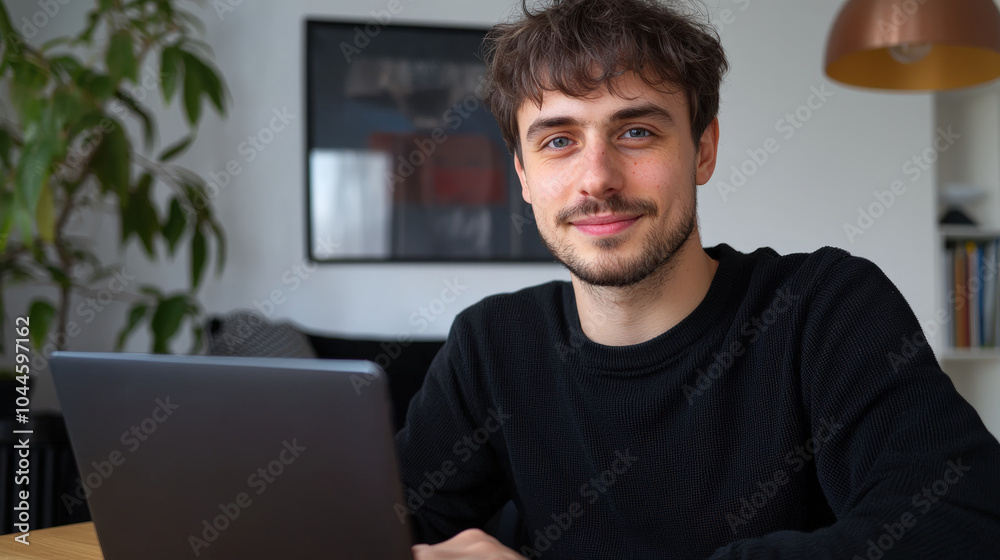happy young man is working on laptop at home, enjoying productive moment in cozy environment. His smile reflects satisfaction and focus happy young man is working on laptop at home, enjoying productive moment in cozy environment. His smile reflects satisfaction and focus