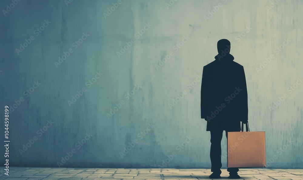 Obraz premium A silhouette of a person standing against a textured wall, holding a briefcase, evoking a sense of contemplation and solitude. The image focuses on their posture and surroundings.
