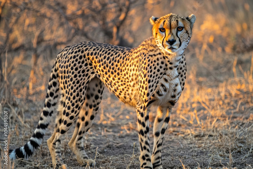 Cheetah standing in the african savanna at sunset