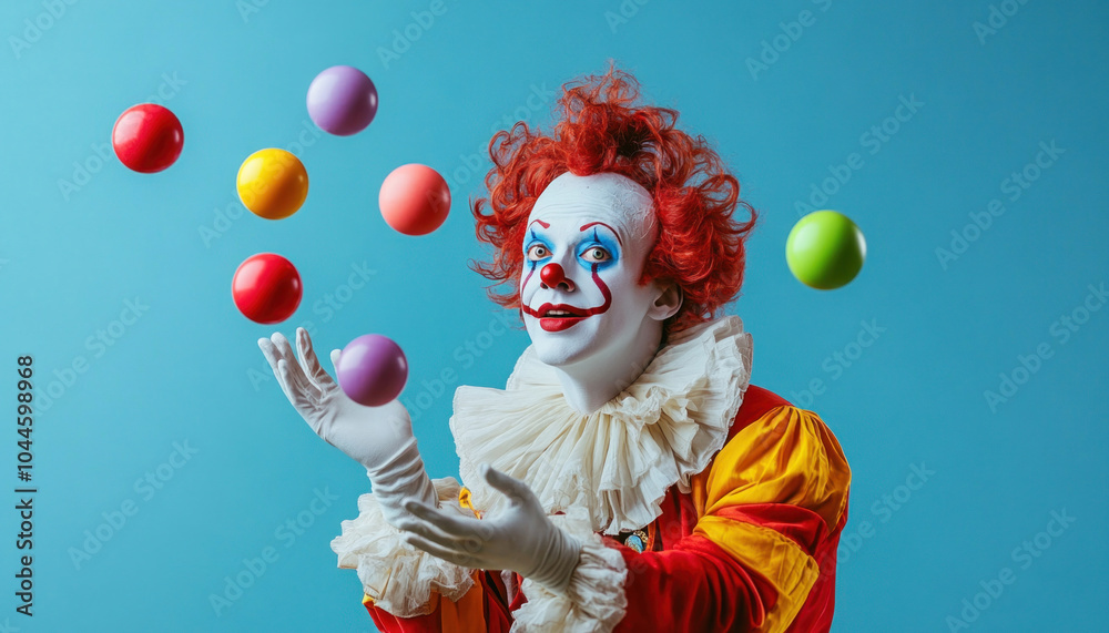 Clown juggling colorful balls on blue background Clown juggling colorful balls on blue background