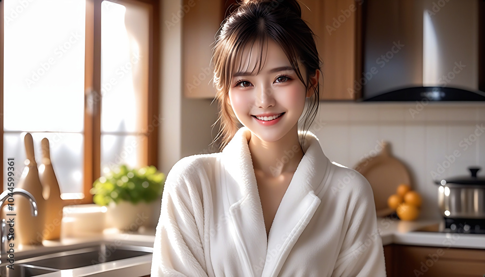 A beautiful woman standing in a spacious kitchen with the morning sun shining in. Loungewear. Fluffy pajamas. Winter atmosphere.朝日の差し込む広いキッチンに立つ綺麗な女性。部屋着。モコモコのパジャマ。冬の雰囲気。 A beautiful woman standing in a spacious kitchen with the morning sun shining in. Loungewear. Fluffy pajamas. Winter atmosphere.朝日の差し込む広いキッチンに立つ綺麗な女性。部屋着。モコモコのパジャマ。冬の雰囲気。