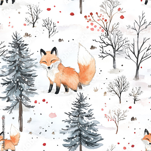 Nursery tales wallpaper pattern of a fox in a winter landscape