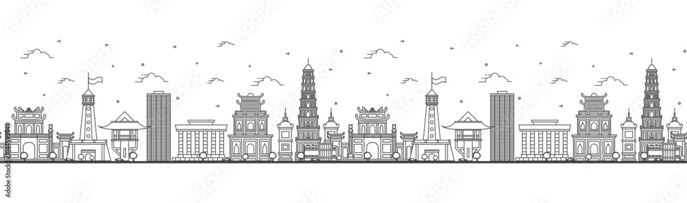 Obraz premium Seamless pattern with outline Hanoi Vietnam City Skyline with Modern and Historic Buildings Isolated on White. Hanoi Cityscape with Landmarks.