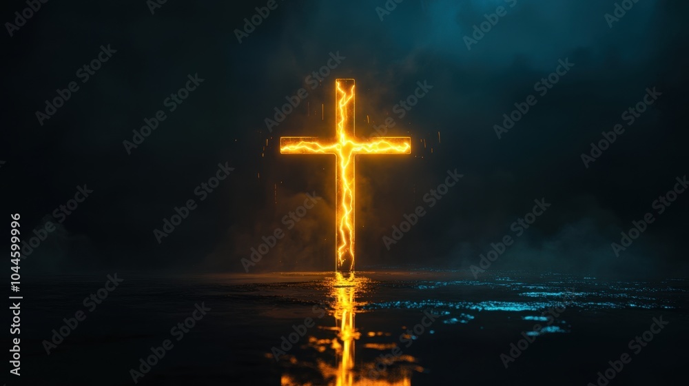 A cross illuminated by glowing yellow lightning on a dark background, representing the strength of faith and divine protection. A cross illuminated by glowing yellow lightning on a dark background, representing the strength of faith and divine protection.