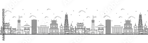Seamless pattern with outline Hanoi Vietnam City Skyline with Modern and Historic Buildings Isolated on White. Hanoi Cityscape with Landmarks.