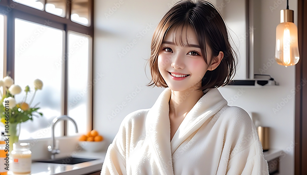A beautiful woman standing in a spacious kitchen with the morning sun shining in. Loungewear. Fluffy pajamas. Winter atmosphere.朝日の差し込む広いキッチンに立つ綺麗な女性。部屋着。モコモコのパジャマ。冬の雰囲気。 A beautiful woman standing in a spacious kitchen with the morning sun shining in. Loungewear. Fluffy pajamas. Winter atmosphere.朝日の差し込む広いキッチンに立つ綺麗な女性。部屋着。モコモコのパジャマ。冬の雰囲気。