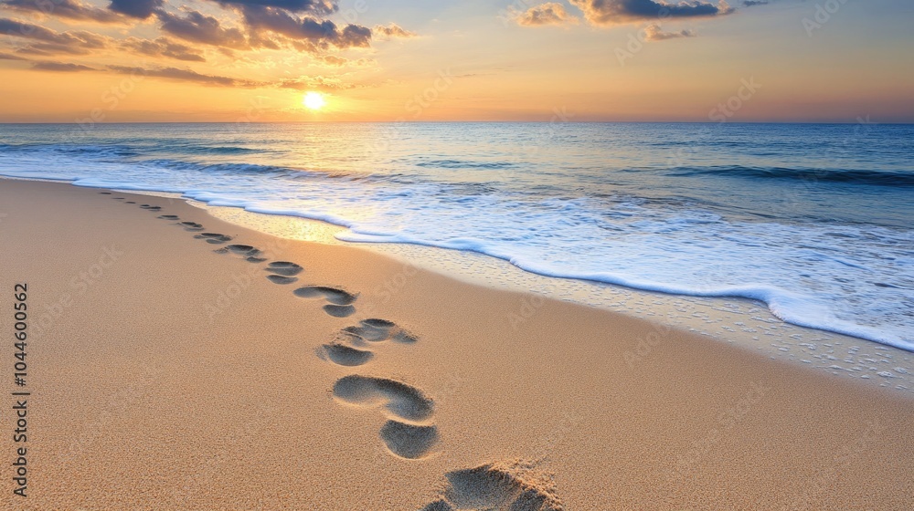 Tranquil Sunset Over Serene Beach with Footprints Tranquil Sunset Over Serene Beach with Footprints