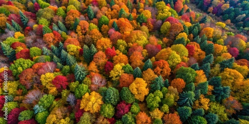 Aerial view of colorful autumn leaves in a dense forest, vibrant, foliage, autumn, aerial view, forest, trees, colorful, nature