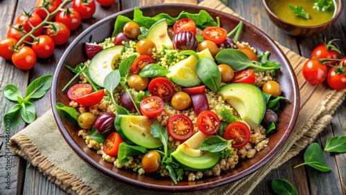 Fresh and colorful vegetarian salad with quinoa, mixed greens, avocado, cherry tomatoes, chickpeas, and balsamic vinaigrette