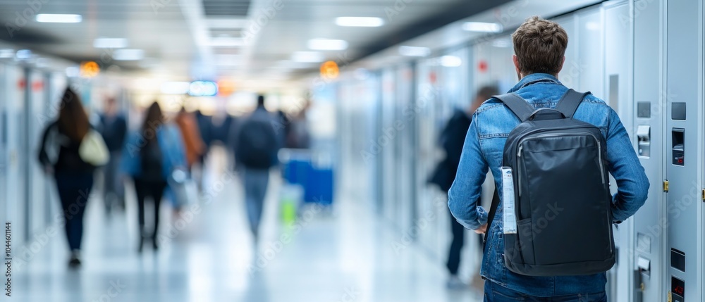 A traveler in a denim jacket and backpack walks down a crowded terminal aisle lined with lockers, filled with people moving to and from their destinations A traveler in a denim jacket and backpack walks down a crowded terminal aisle lined with lockers, filled with people moving to and from their destinations