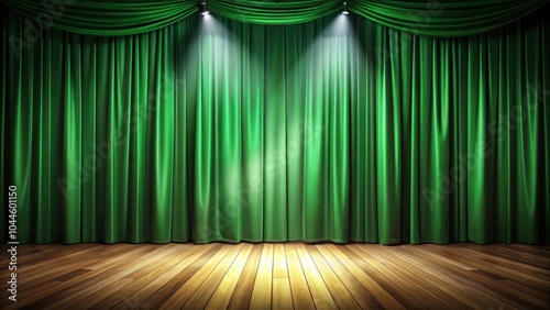 Empty green curtain stage with wooden floor and spotlight, Stage, Curtain, Green, Wooden, Floor, Spotlight, Empty