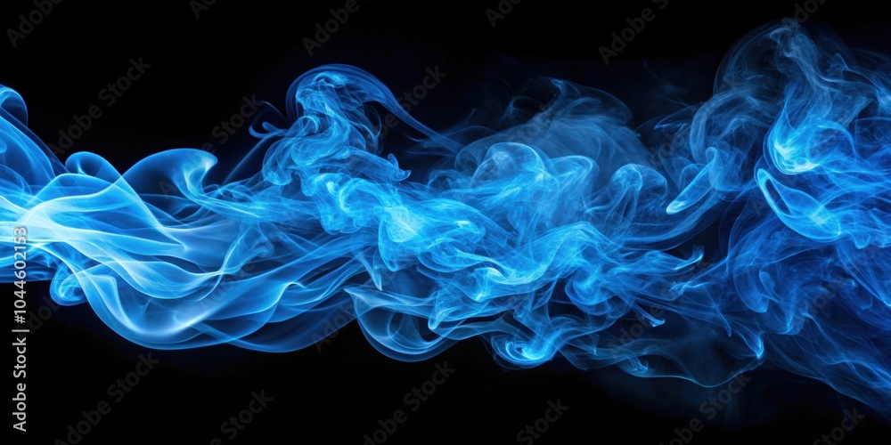 Fototapeta premium Bright blue smoke swirling in abstract patterns against a black backdrop, blue, smoke, abstract, swirl, vibrant