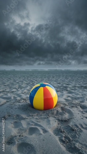 A brightly colored beach ball resting on a vast expanse of gray stormy beach sand