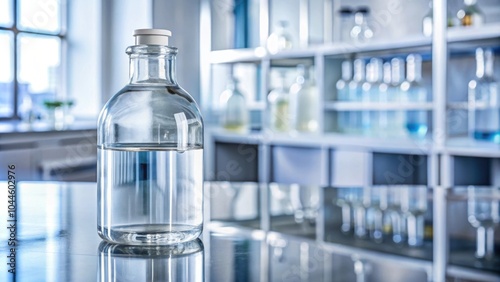 A close-up photo of a clear bottle filled with acetic acid on a laboratory table , vinegar, chemical compound, laboratory photo