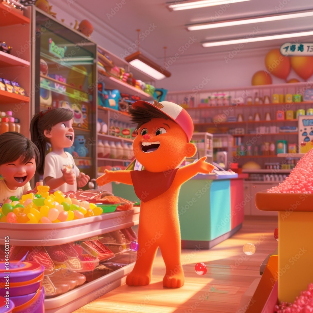 Obraz premium An animated candy store with a vibrant atmosphere, showcasing colorful candy display cases and playful animations