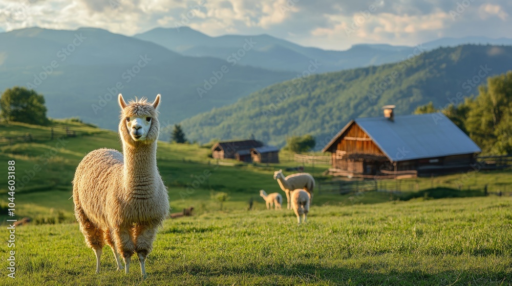 Fototapeta premium Joyful alpaca in a serene farm setting Space for text