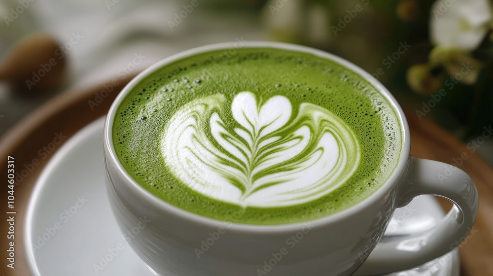 A closeup of a matcha latte in a white cup featuring latte art with green tea milk and soy milk showcasing this traditional beverage A closeup of a matcha latte in a white cup featuring latte art with green tea milk and soy milk showcasing this traditional beverage