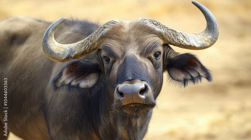 Close up portrait of a wild water buffalo Bubalus bubalis commonly known as Asian buffalo standing in a dry environment Close up portrait of a wild water buffalo Bubalus bubalis commonly known as Asian buffalo standing in a dry environment