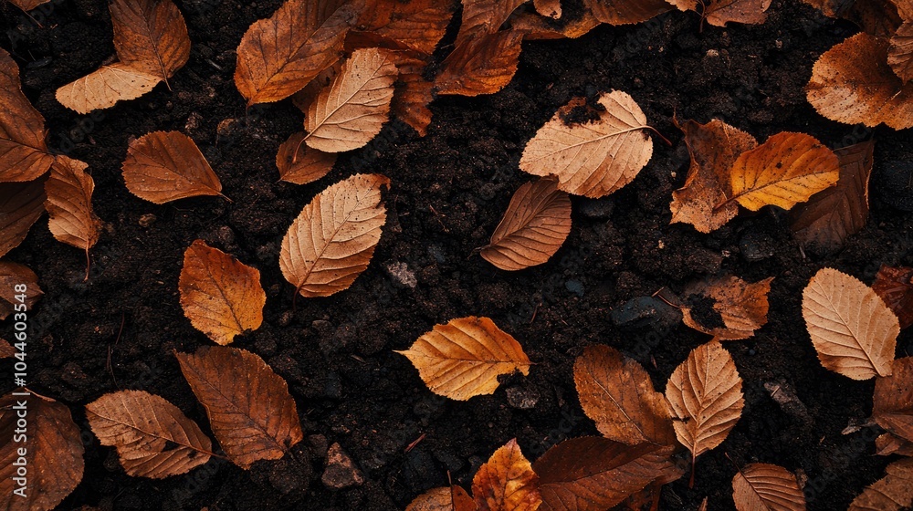 Close up image of brown autumn leaves laid on dark soil with additional leaves cascading down forming a picturesque autumn atmosphere Close up image of brown autumn leaves laid on dark soil with additional leaves cascading down forming a picturesque autumn atmosphere