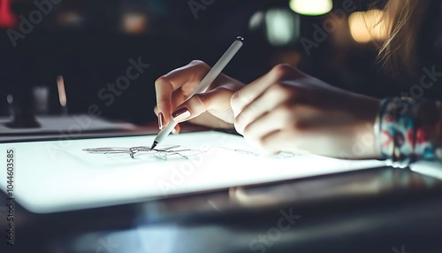 Woman's hands drawing on a light pad in the dark. photo