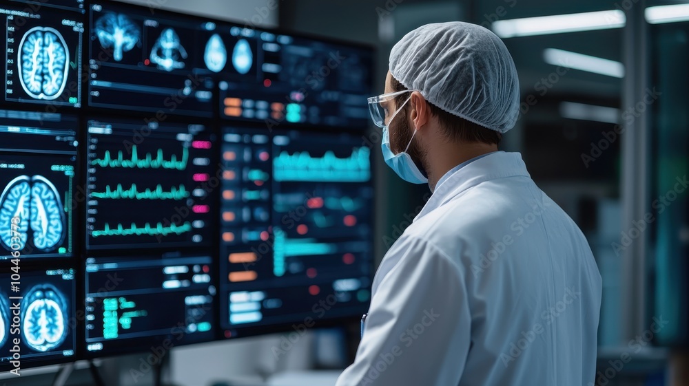 A medical professional analyzes digital health data on screens featuring brain scans and vital signs in a clinical setting. A medical professional analyzes digital health data on screens featuring brain scans and vital signs in a clinical setting.