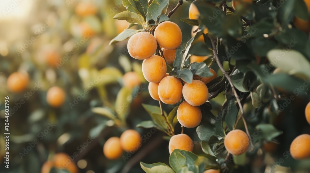 Bunch of ripe orange plums hanging from a tree Bunch of ripe orange plums hanging from a tree