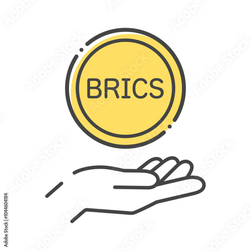 BRICSの文字が入ったコインと人の手のアイコン - ブリックスや共通通貨のBRICS ペイのイメージ素材