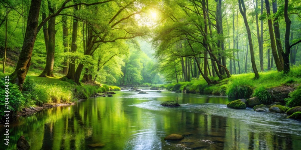 Peaceful stream flowing through lush green forest , nature, tranquility, water, trees, landscape, scenic, outdoors