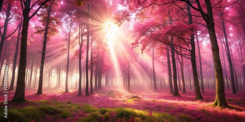 Fototapeta Naklejka Na Ścianę i Meble -  Mystical pink forest with sun rays and foggy background, mystical, pink, forest, sun rays, foggy, background, ethereal