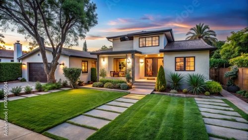 Remodeled Los Angeles home yard with lush trees, landscape, renovation, backyard, garden, outdoor, foliage