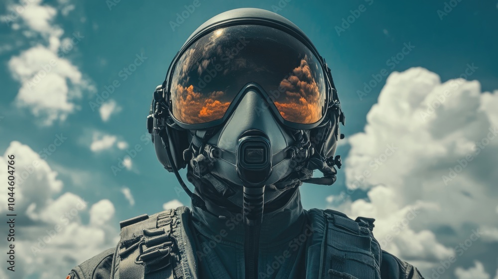 Fighter pilot in an airfield environment equipped with a mask and helmet Fighter pilot in an airfield environment equipped with a mask and helmet