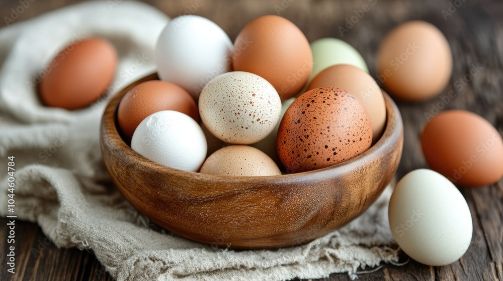 Assorted chicken eggs in a wooden bowl representing a health conscious dietary choice Assorted chicken eggs in a wooden bowl representing a health conscious dietary choice