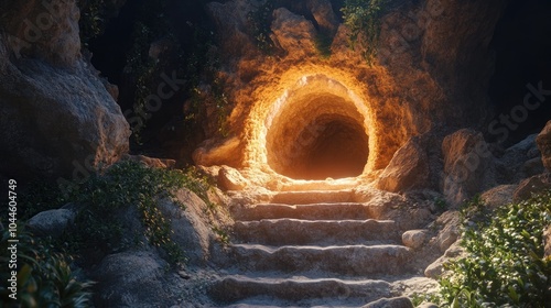 Illuminated rocky cave symbolizing the empty tomb of a religious figure set in a serene atmosphere after the crucifixion photo