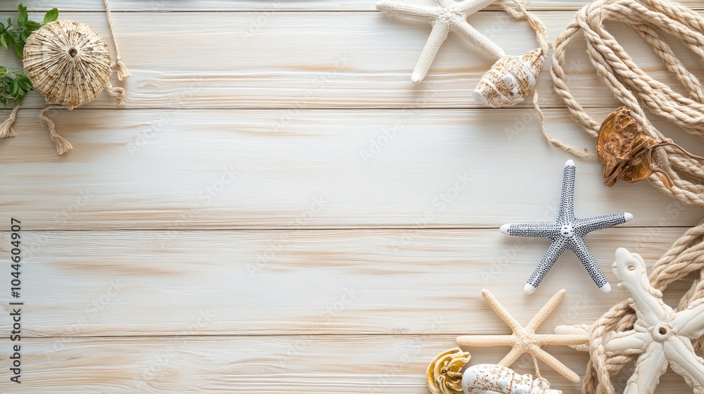 Obraz premium Summer table arrangement featuring nautical decor on a light colored wooden surface