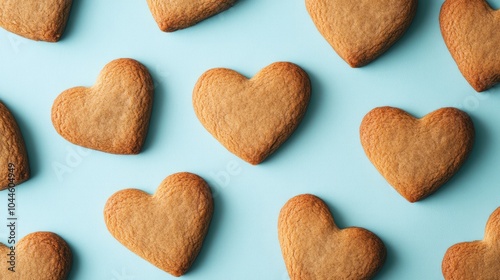 Heart shaped homemade gingerbread cookies displayed against a blue backdrop