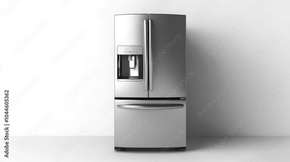 A sleek, modern stainless steel refrigerator with a minimalist design, isolated against a white background, emphasizing its smooth lines and premium finish. A sleek, modern stainless steel refrigerator with a minimalist design, isolated against a white background, emphasizing its smooth lines and premium finish.