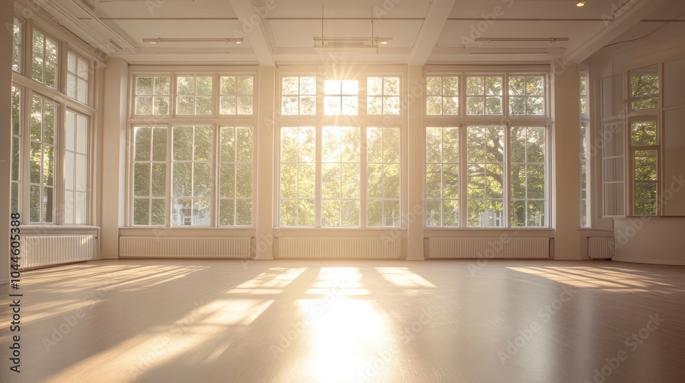 Fototapeta premium Bright and airy dance studio illuminated by morning light streaming through the window Features a ballet and dance ambiance with a light backdrop
