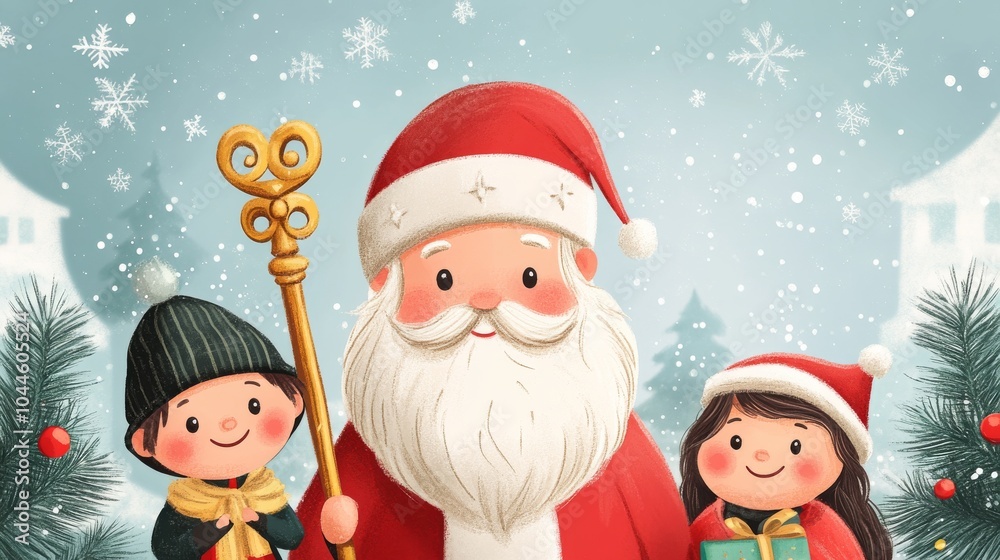 Saint Nicholas holds a golden staff and kids dressed in winter clothes in a snowy scene. Greeting card Saint Nicholas holds a golden staff and kids dressed in winter clothes in a snowy scene. Greeting card