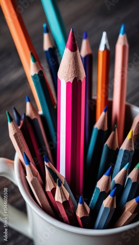 A new sharpened colored pencil standing out in a cup full of well-used gray pencil stubs photo