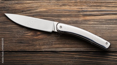 A sleek stainless steel pocket knife mockup, unfolded on a dark wooden surface, showcasing its sharp, functional blade design.