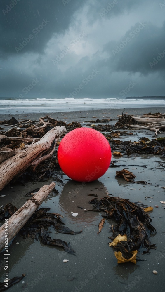 A child's bright red ball washed up on a stormy gray beach littered with driftwood and seaweed A child's bright red ball washed up on a stormy gray beach littered with driftwood and seaweed