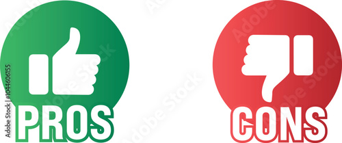 Pros cons in flat style. Green and Red flat icons. Concept for advantages disadvantages in business planning. Vector illustration.