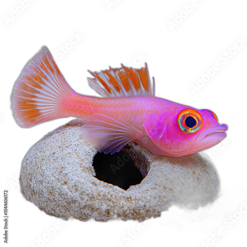 Fototapeta Naklejka Na Ścianę i Meble -  Pink and orange coral reef fish on coral rock isolated transparent background