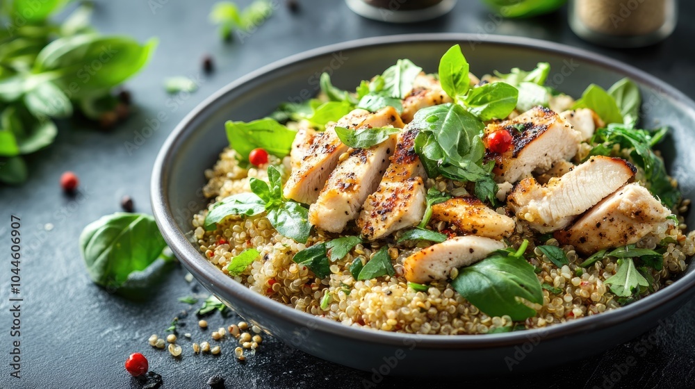 Quinoa salad topped with fresh herbs and chicken for a healthy keto meal Quinoa salad topped with fresh herbs and chicken for a healthy keto meal