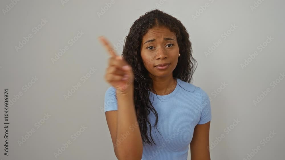 Young woman in blue shirt over white background pointing finger negatively with various expressions Young woman in blue shirt over white background pointing finger negatively with various expressions