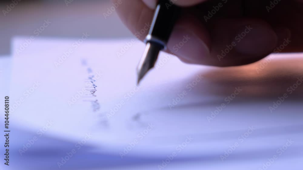 The male is writing on white paper with a pen on the desk.