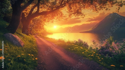 Tranquil Sunset Road Depicting Natural Beauty and Serenity photo